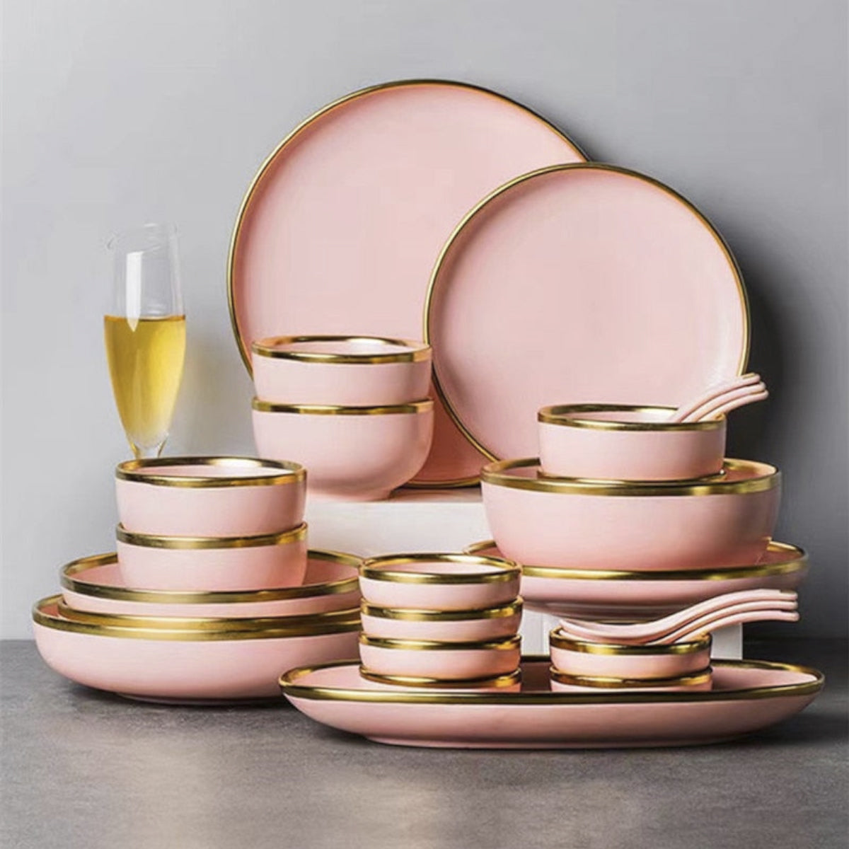 Gilt Rim Pink Dinnerware Set