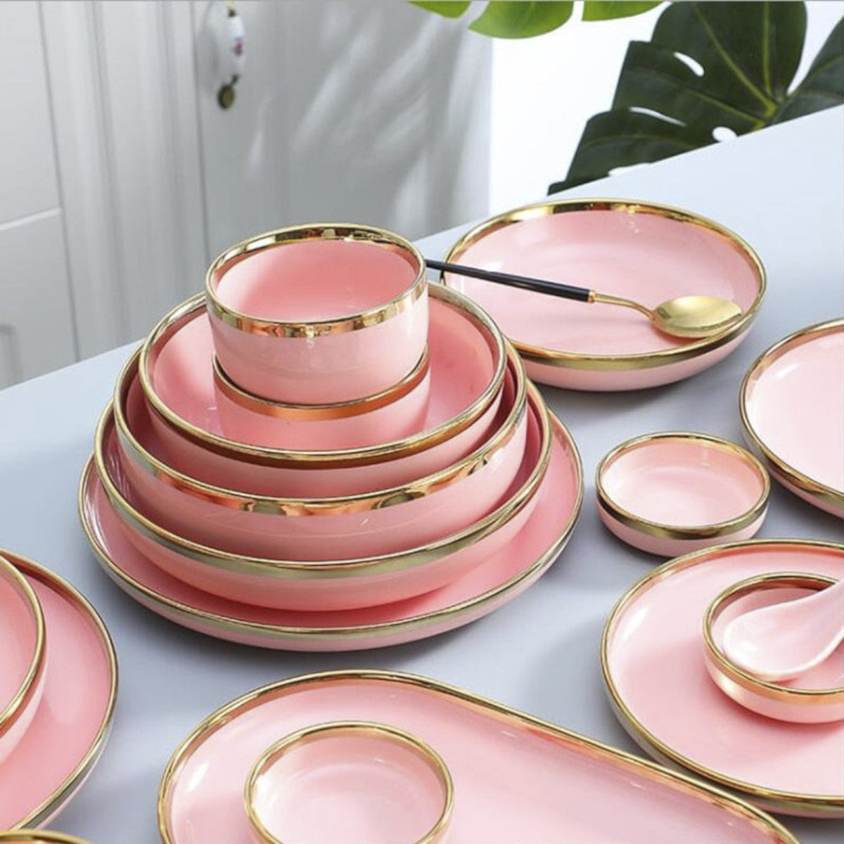 Gilt Rim Pink Dinnerware Set