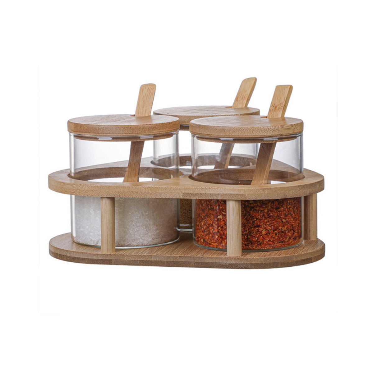 Glass Spice Cellar Set With Bamboo Spoons