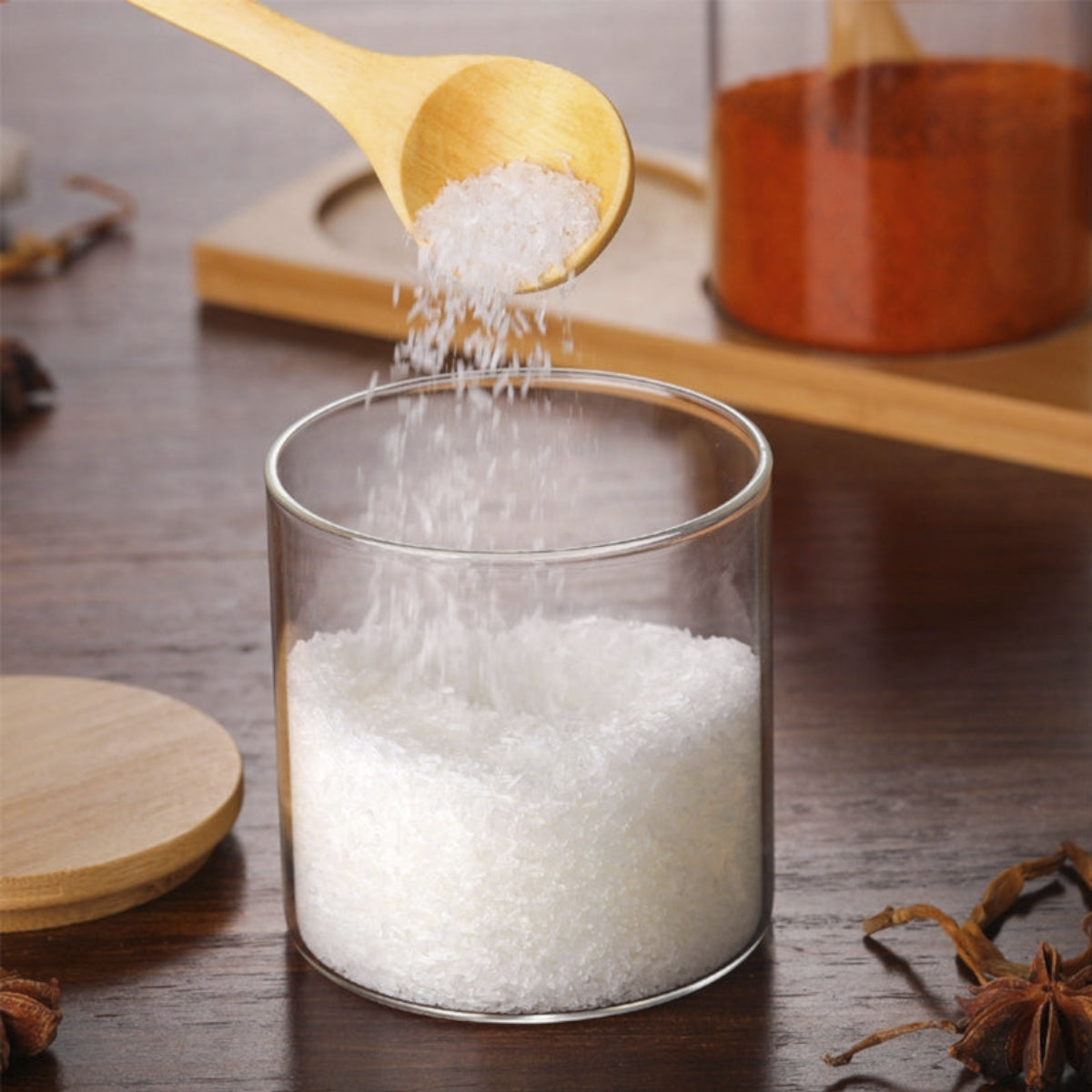 Glass Spice Cellar Set With Bamboo Spoons