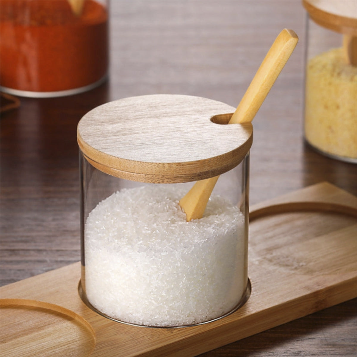 Glass Spice Cellar Set With Bamboo Spoons