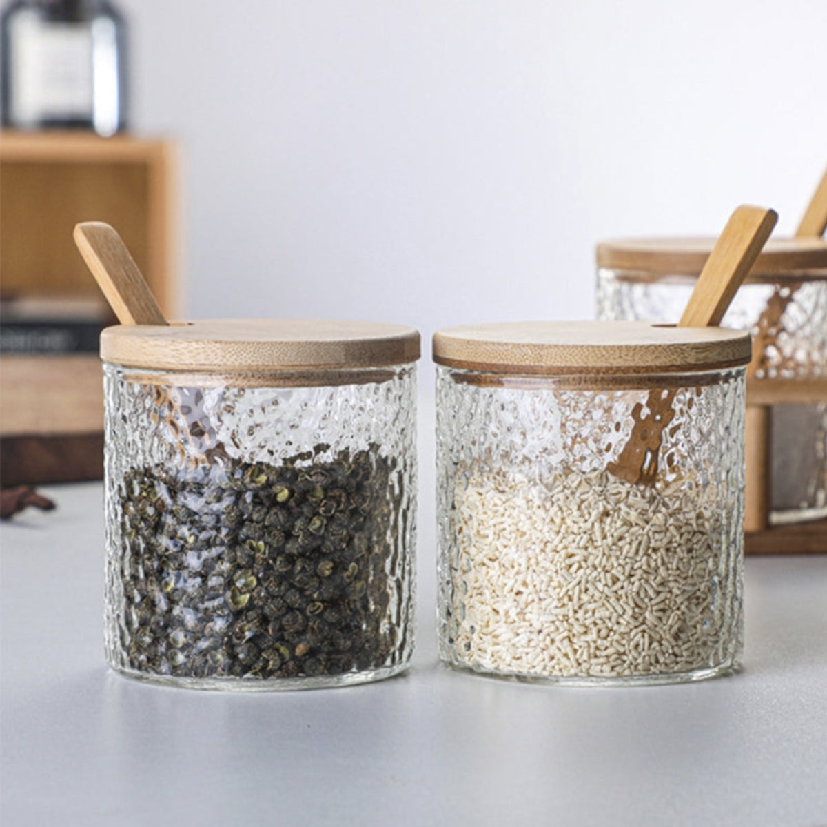 Glass Spice Cellar Set With Bamboo Spoons